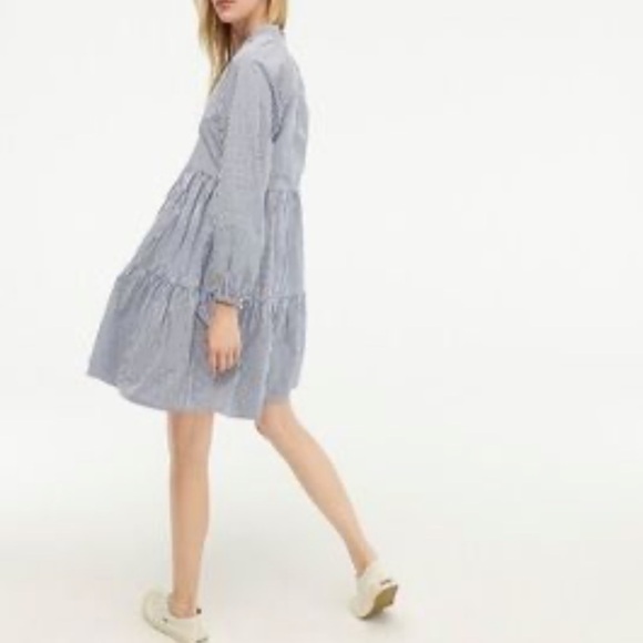 J Crew Tiered Popover Mini Dress Stripe Cotton Poplin Blue White Stripe Tiered M - Picture 5 of 13